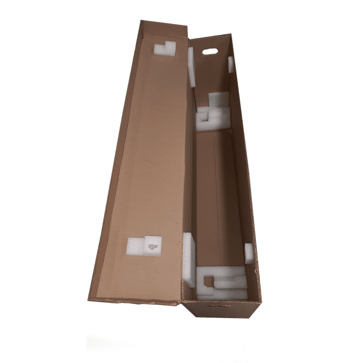 Half cardboard box, semi-self-assembling, with included lid and polyfoam blocks.