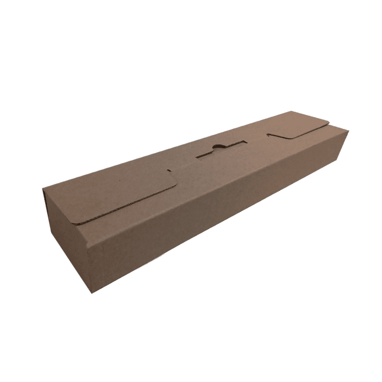 Self-assembling cardboard box with stretch polyethylene.