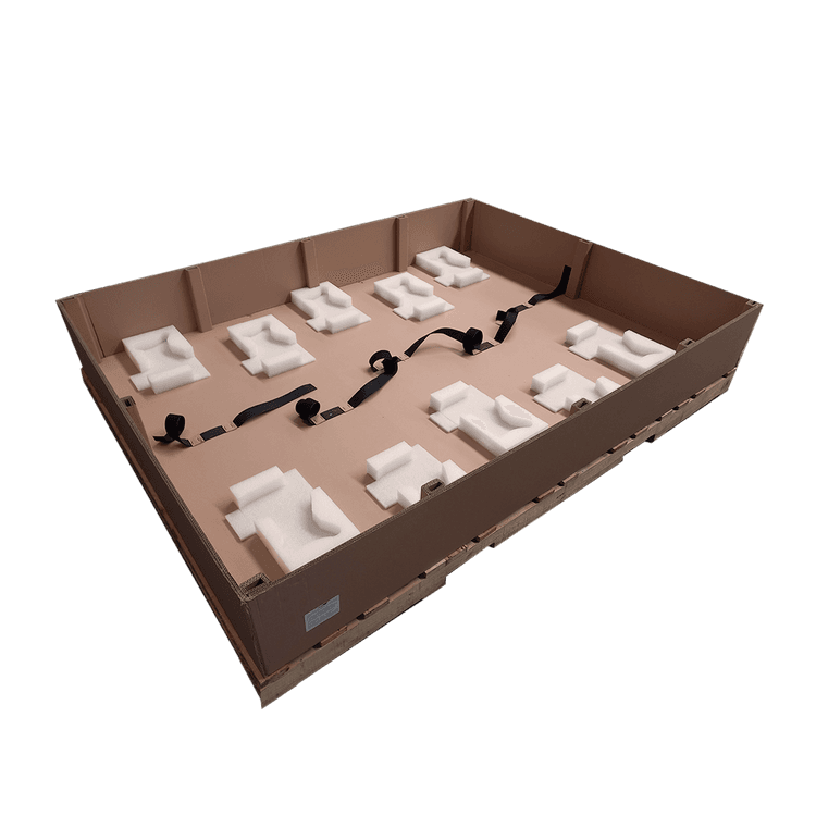 Half box with cardboard reinforcements, polyfoam inserts, Velcro straps, and wooden pallet with HT