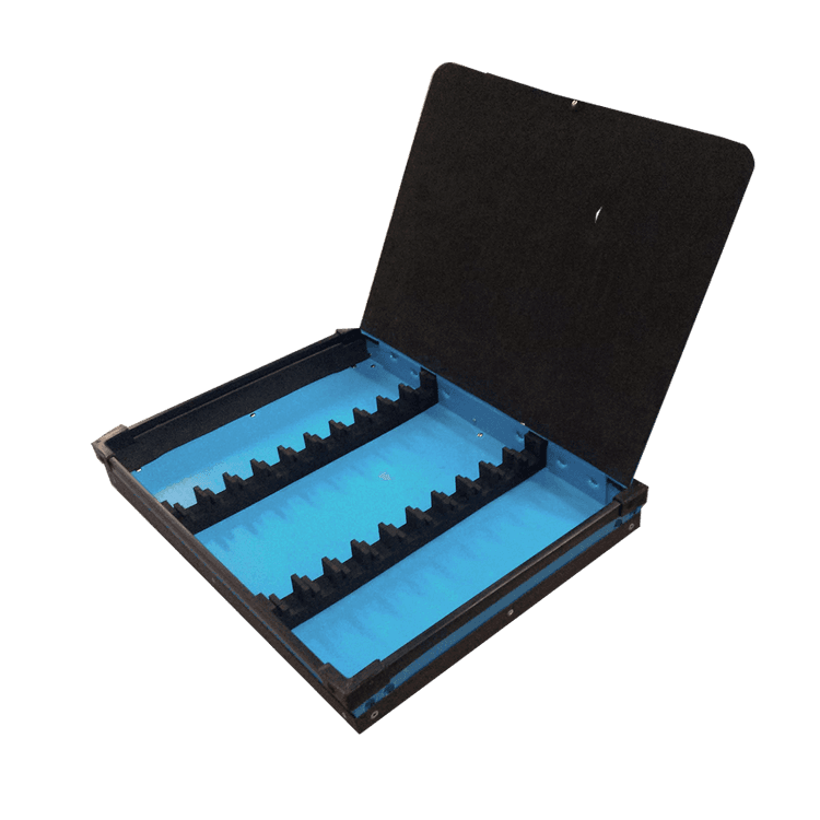 Corrugated plastic tray with EVA combs and lid laminated with wallet lining
