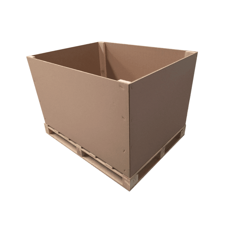 Half cardboard box with reinforcements and wooden pallet.