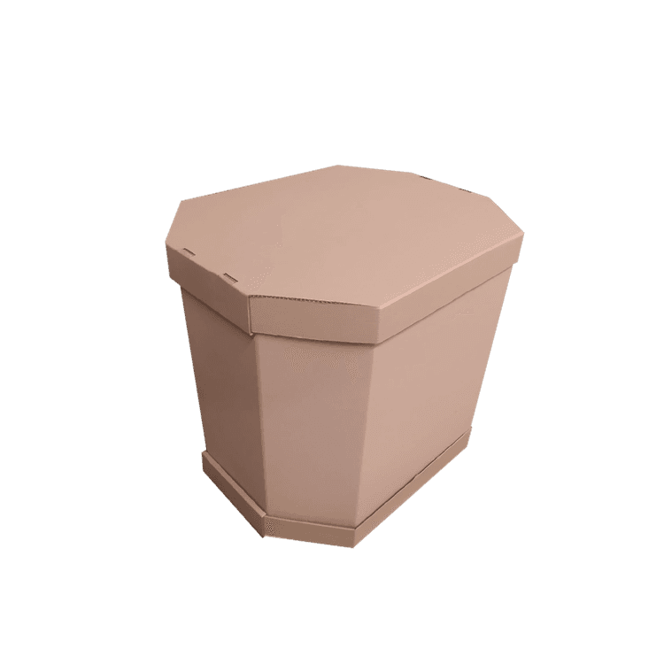 Octagonal cardboard box, with self-assembling base and lid.