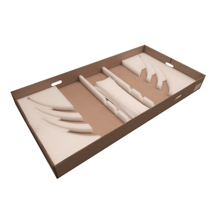 Cardboard tray with polyfoam inserts.