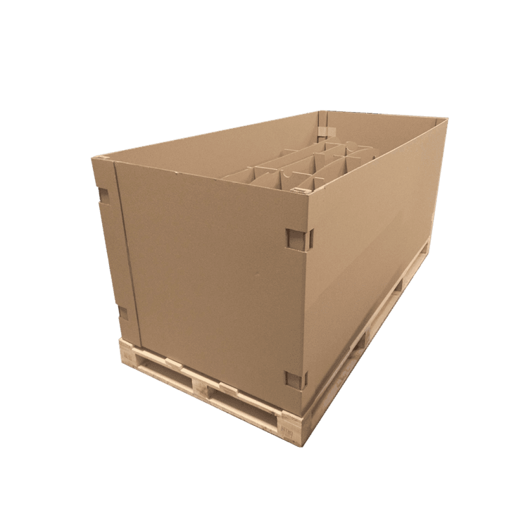 Half box with cardboard supports, polyfoam sleeve, and wooden pallet with HT