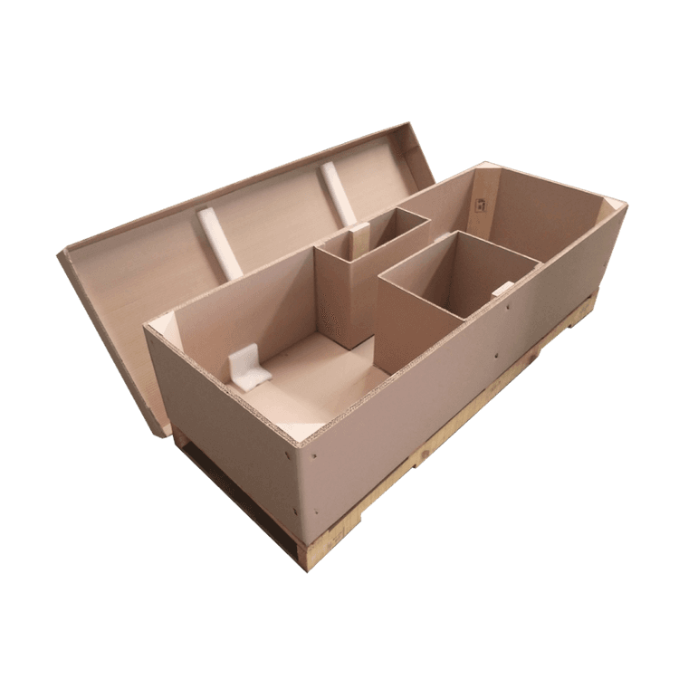 Half box with cardboard blocks, polyfoam, reinforcements, and wooden pallet with HT