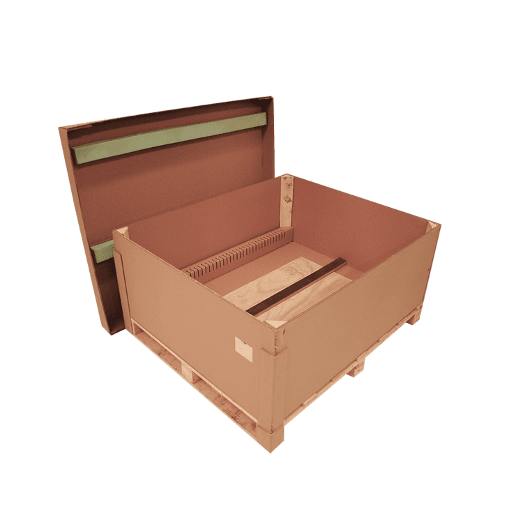 Half box with cardboard blocks, EVA, foam rubber, plywood, reinforcements, and wooden pallet with HT