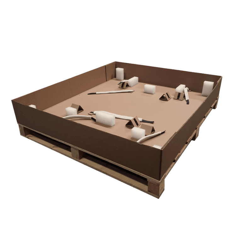 Double tray box with cardboard blocks and polyfoam, Velcro-covered rubber foam belts, and wooden pallet with HT