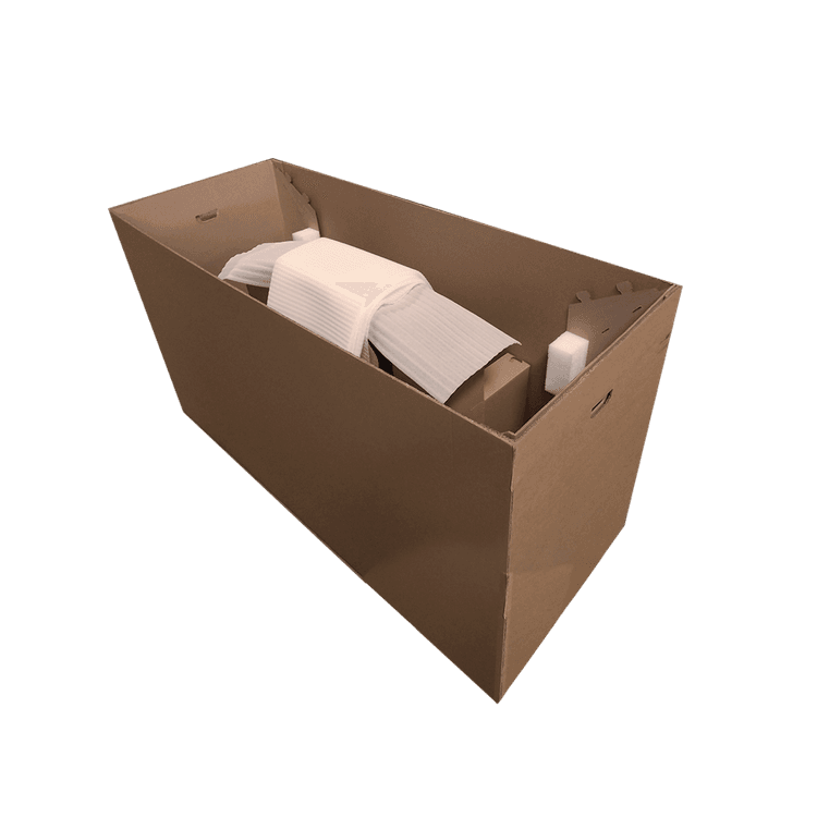 Media caja con soportes de cartón, bloques de foam, lienzo/funda de polifoam y tarima de madera con HT