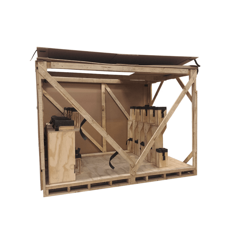 Rack de madera con cartón, insertos de triplay + eva, dispositivos de sujeción de velcro y tarima de madera integrada con HT