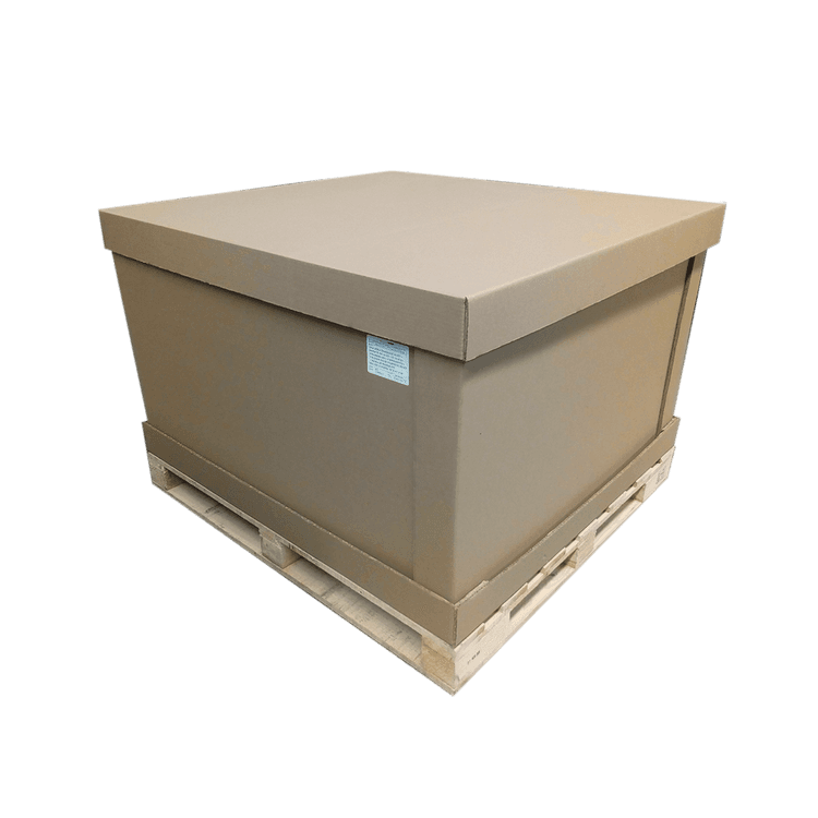 Caja doble charola con banda, celdados, separadores de cartón y tarima de madera con HT