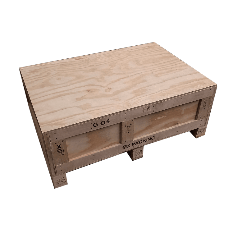 Caja reforzada de triplay con bloques de polifoam y tarima de madera integrada con HT