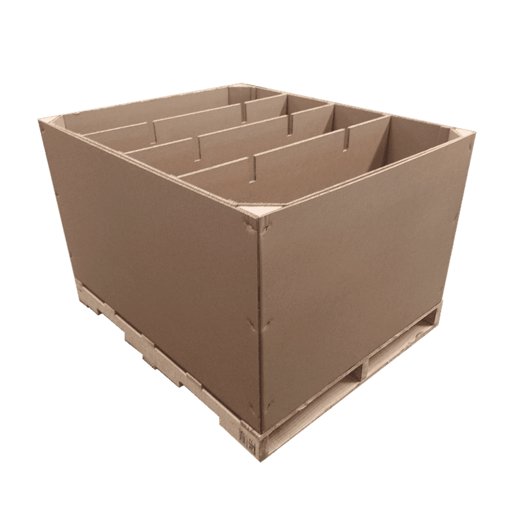Media caja con celdado y peine de cartón, soportes de triplay, refuerzos y tarima de madera con HT