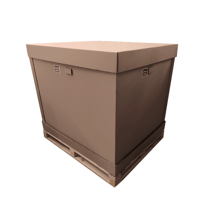 Media caja de cartón con 2 lados fijos y 2 lados móviles, bloques de cartón cubiertos de eva y tarima de madera con HT