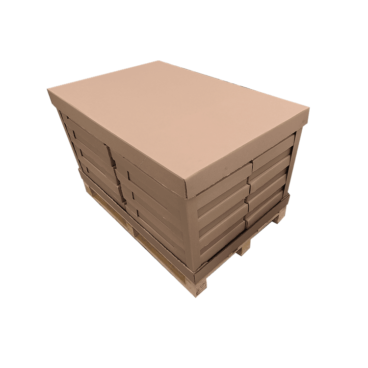 Kit de medias cajas de cartón con esquineros de refuerzo y tarima de madera con HT